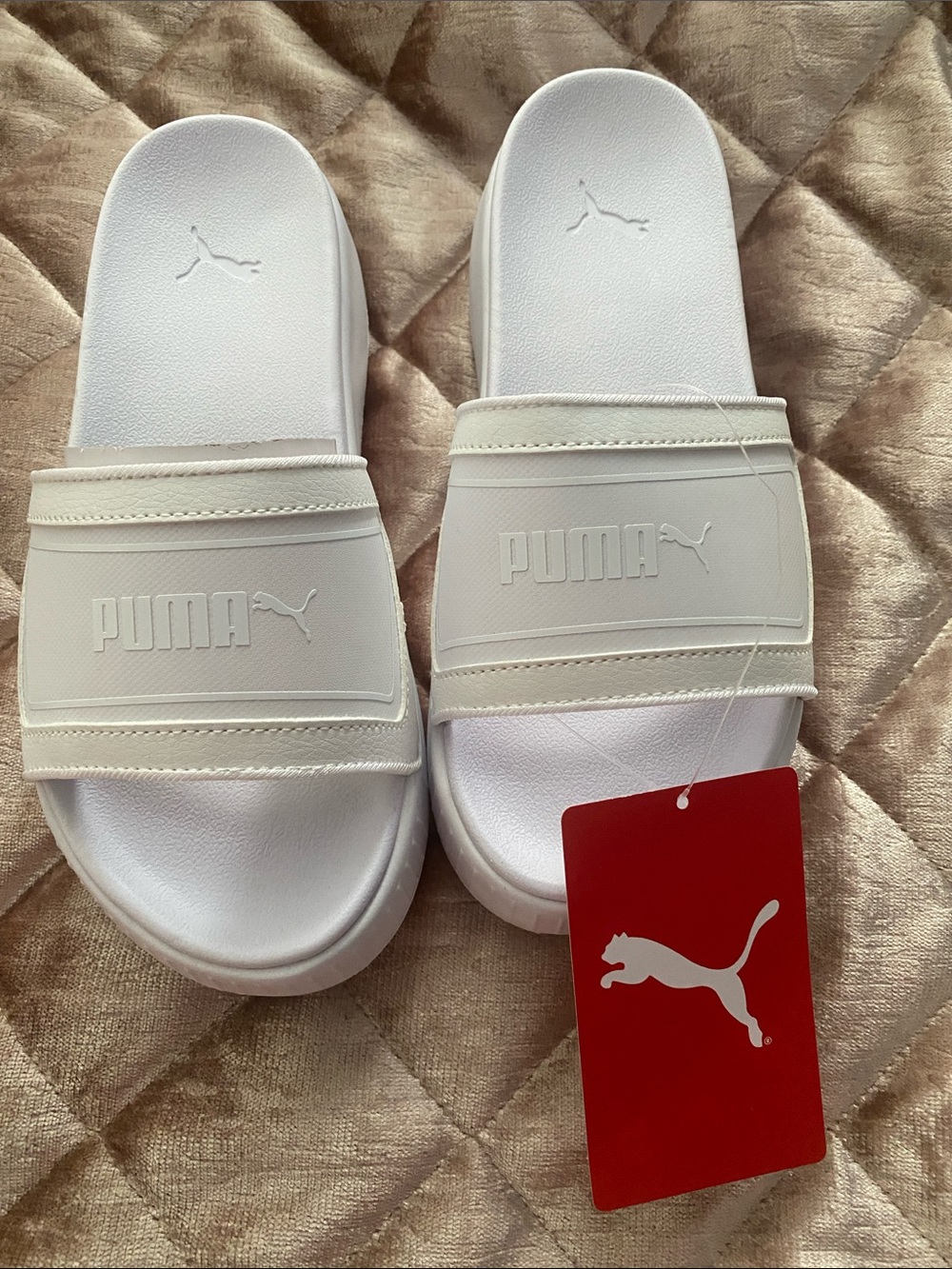Puma Karmen White platform Slide Sandals with Embossed Logo